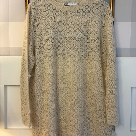 Zara Cream Lace Knit Top Size Small - Picture 4 of 9